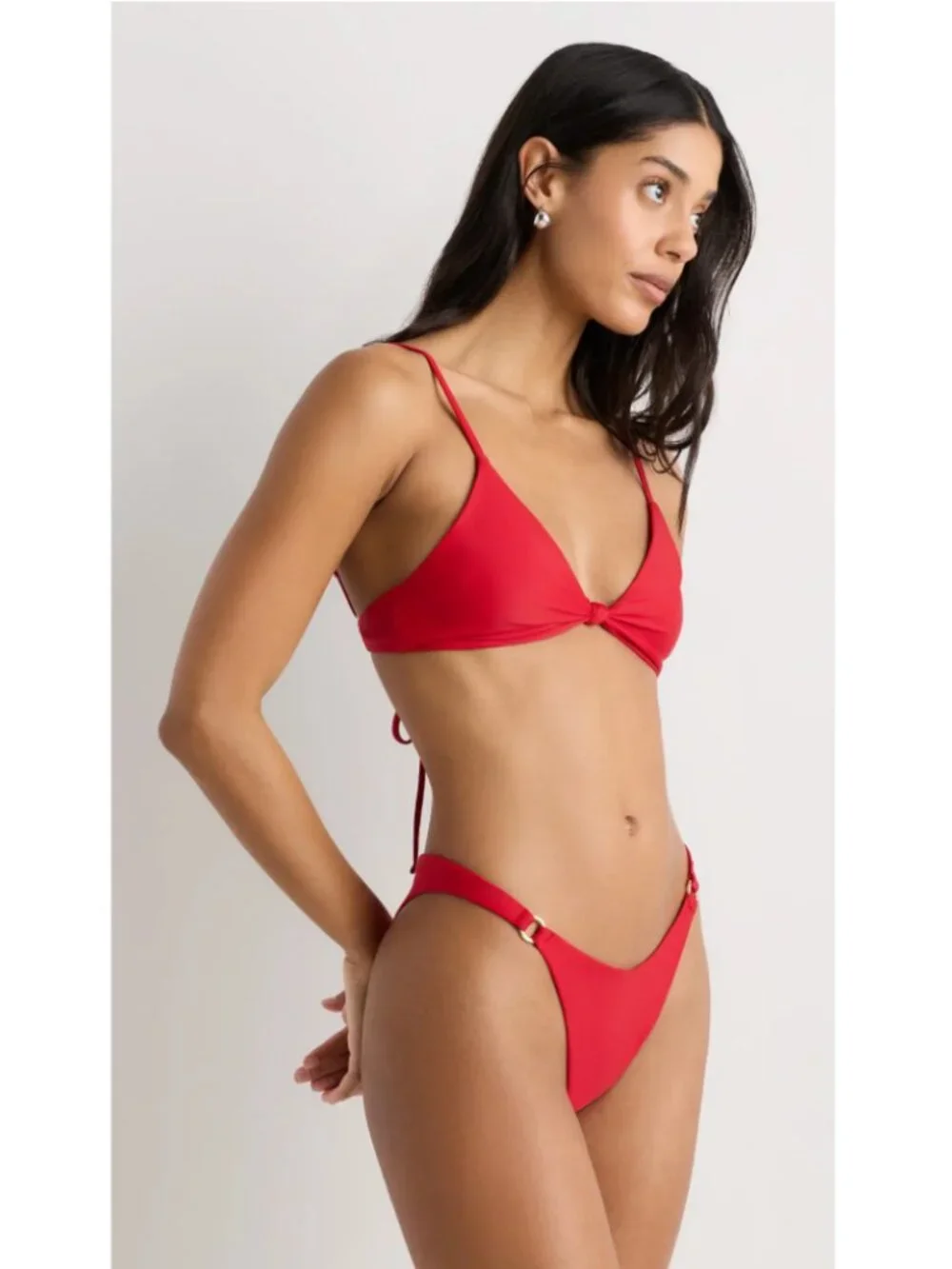 QUINCE Italian High Leg Ring Bikini Bottom In Red Size Medium NWT